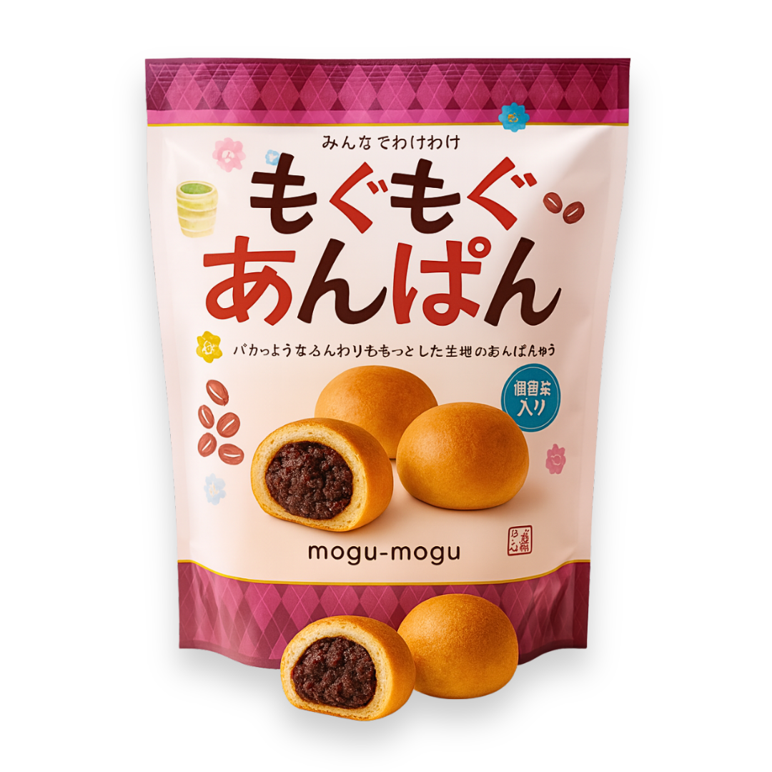 Verpackung von Mogu-Mogu Mini Anpan – süße japanische Brötchen mit roter Bohnenpaste, in einer rosa-weißen Tüte mit blumigem Design, 175 g Inhalt, mit  einzeln verpackten Mini-Brötchen.